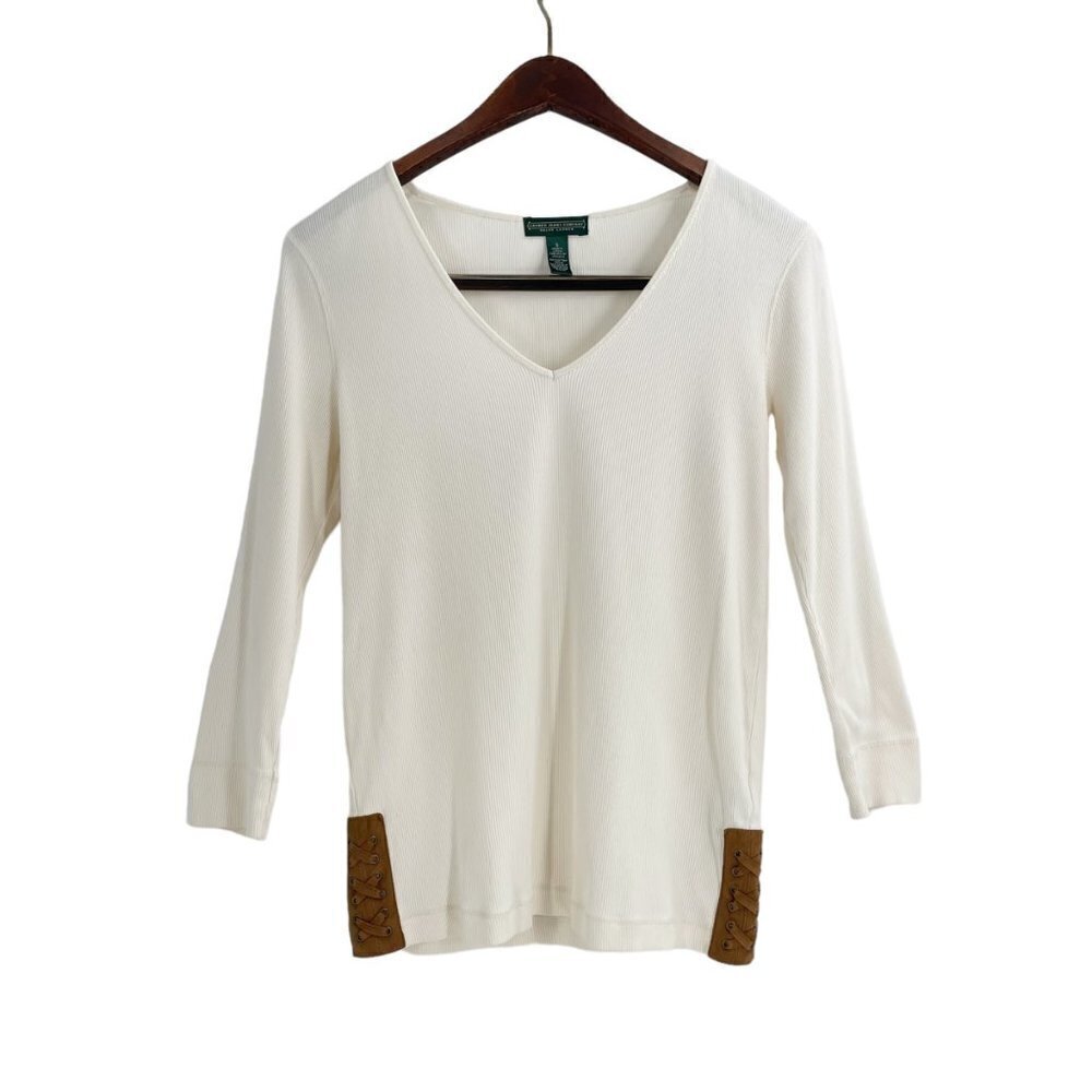 Lauren Ralph Lauren White Ribbed Suede Accent V-Neck Shirt Womens Size Small
